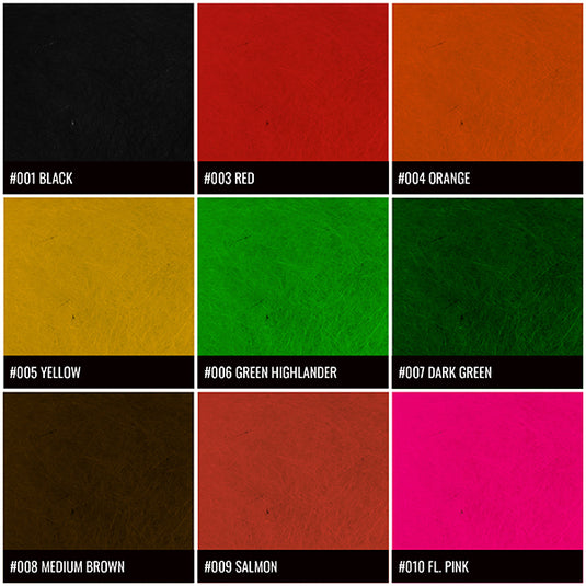 Assorted colored seal fur dubbing swatches, black to pink fly tying material