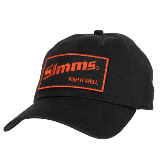 Black Simms FIW cap with orange Fish It Well logo patch