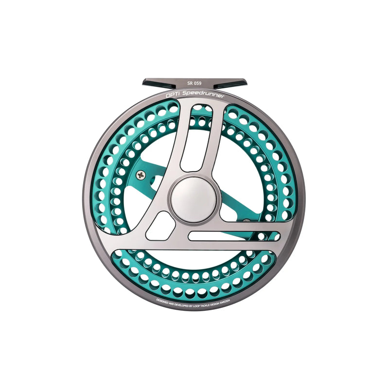 Load image into Gallery viewer, Fishing reel, gray with teal accents, perforated ring and three-spoke center
