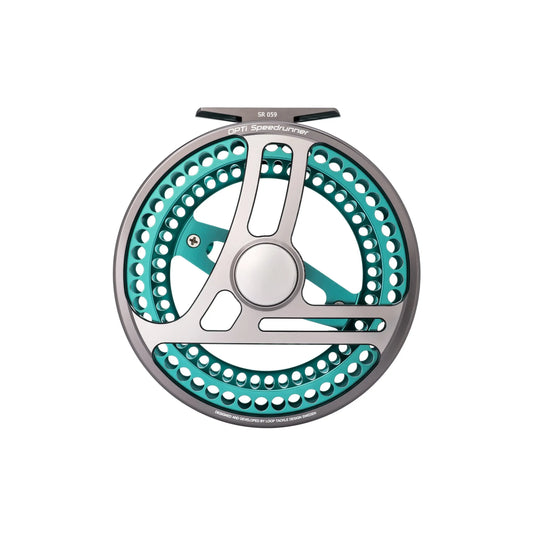 Fishing reel, gray with teal accents, perforated ring and three-spoke center