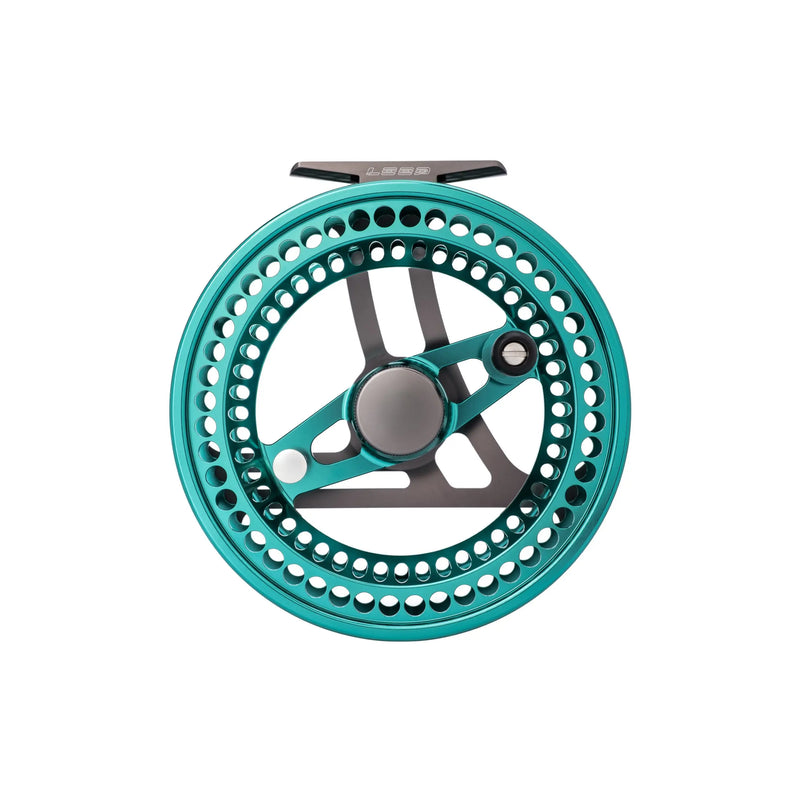 Load image into Gallery viewer, Fishing reel, teal and silver with perforated ring and three spoke hub
