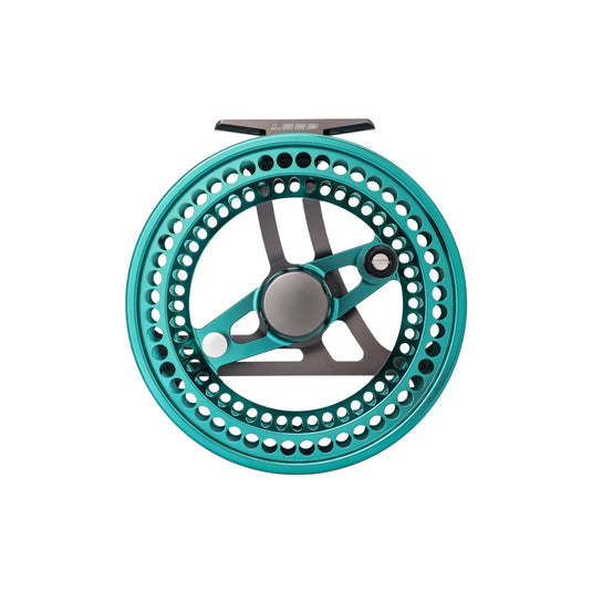 Fishing reel, teal and silver with perforated ring and three spoke hub
