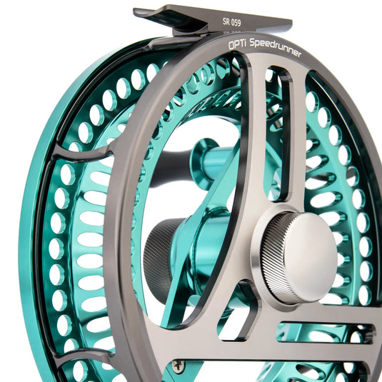 Fishing reel, teal perforated ring with gray frame, large silver drag knob