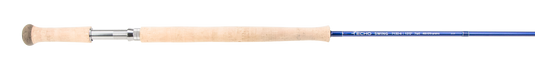 Two-handed fly fishing rod with cork grip and silver shaft