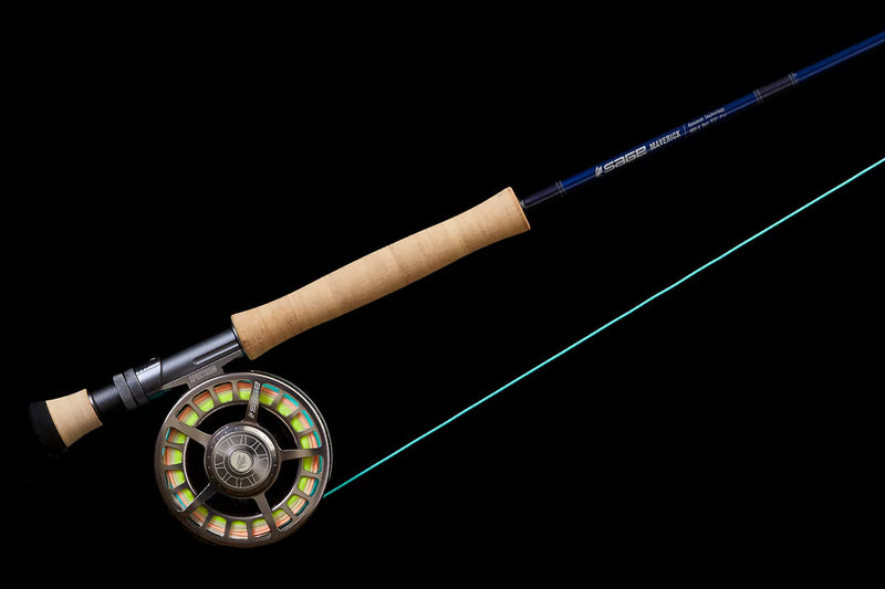 Load image into Gallery viewer, Fishing rod with cork handle, spinning reel, and colorful fly reel spool
