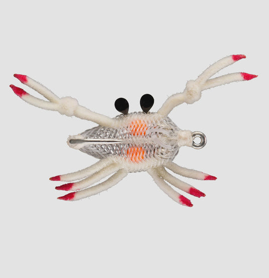 Flexo crab toy with white net body, orange stripes, red-tipped legs, black eyes