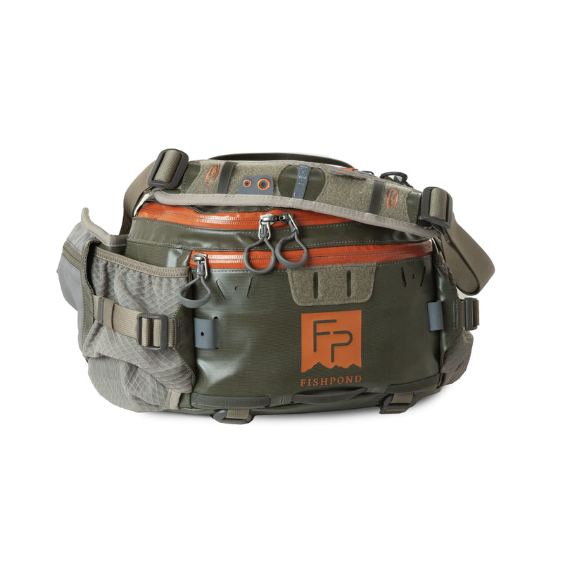 Load image into Gallery viewer, Olive and gray lumbar pack with orange zip pocket, buckles, and carry strap
