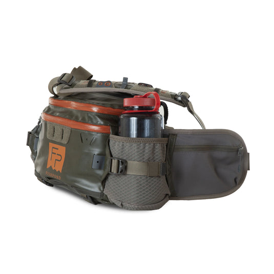 Olive lumbar pack with orange bands, bottle holder, and side zip pocket