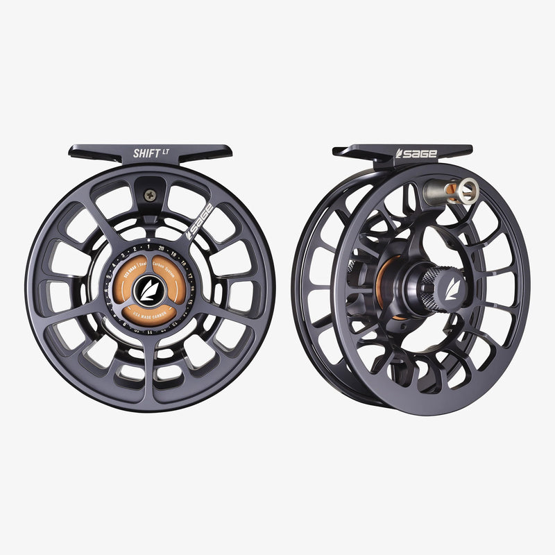 Load image into Gallery viewer, Fishing reel shown front and side, black spoked wheel with amber center insert
