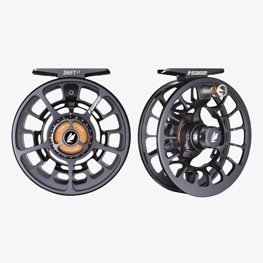 Fishing reel shown front and side, black spoked wheel with amber center insert