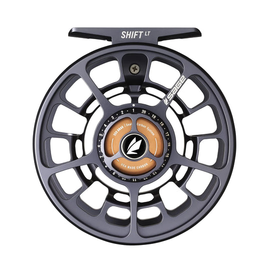 Fishing reel, matte black spoked wheel with amber center and white logo