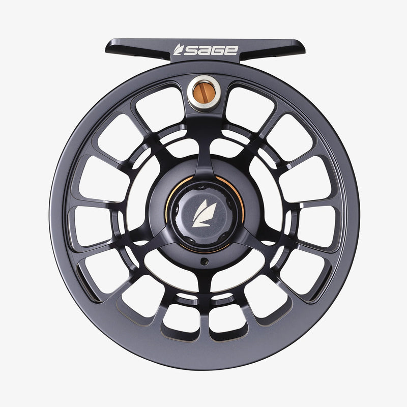 Load image into Gallery viewer, Fishing reel with black spoked wheel, bronze center ring, and white logo
