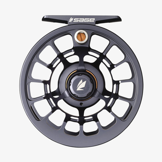 Fishing reel with black spoked wheel, bronze center ring, and white logo