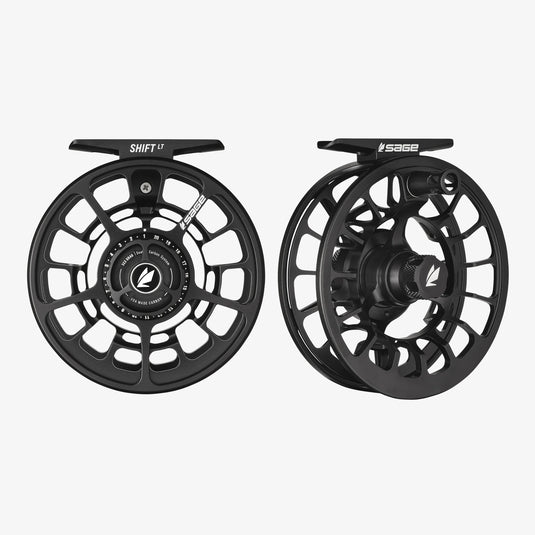 Fishing reel shown front and side, black spoked wheel with branded center