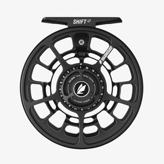 Fishing reel with matte black spoked wheel and black center with white logo