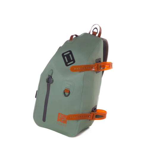 Submersible sling bag in olive green with orange front straps and molded logo patch