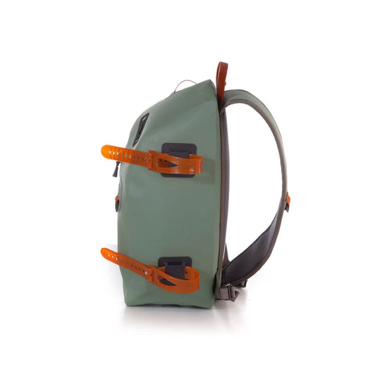 Submersible sling bag in olive green with orange straps and curved side carry handle