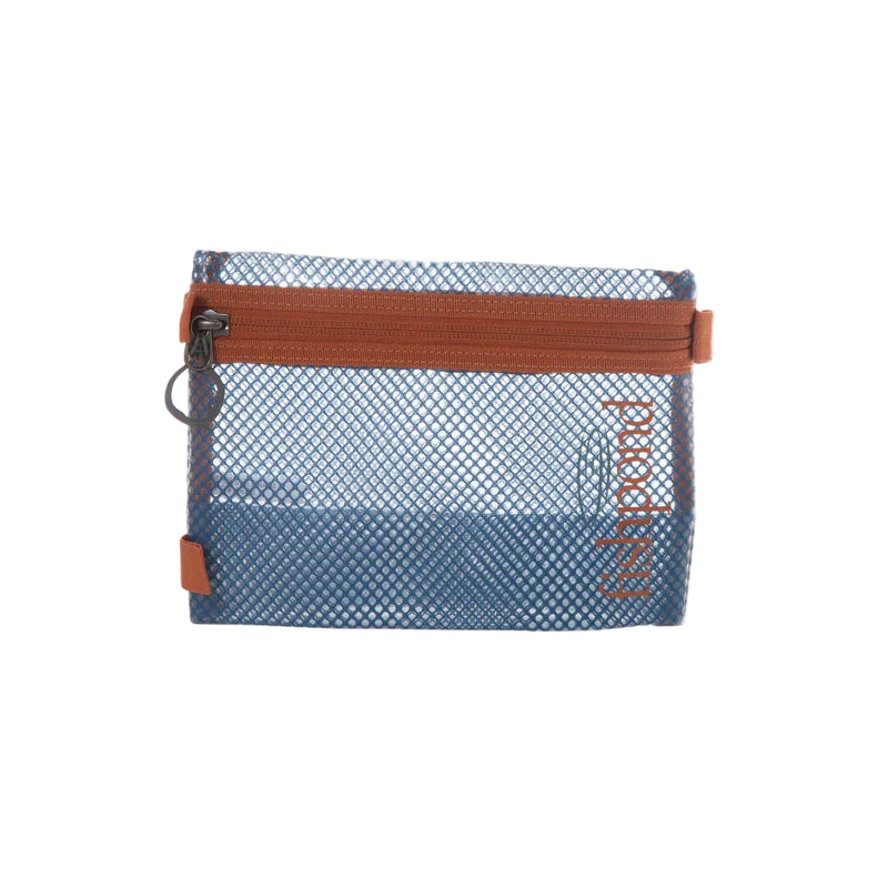 Load image into Gallery viewer, Fishpond sandbar travel pouch, blue mesh with orange zip and handle loop

