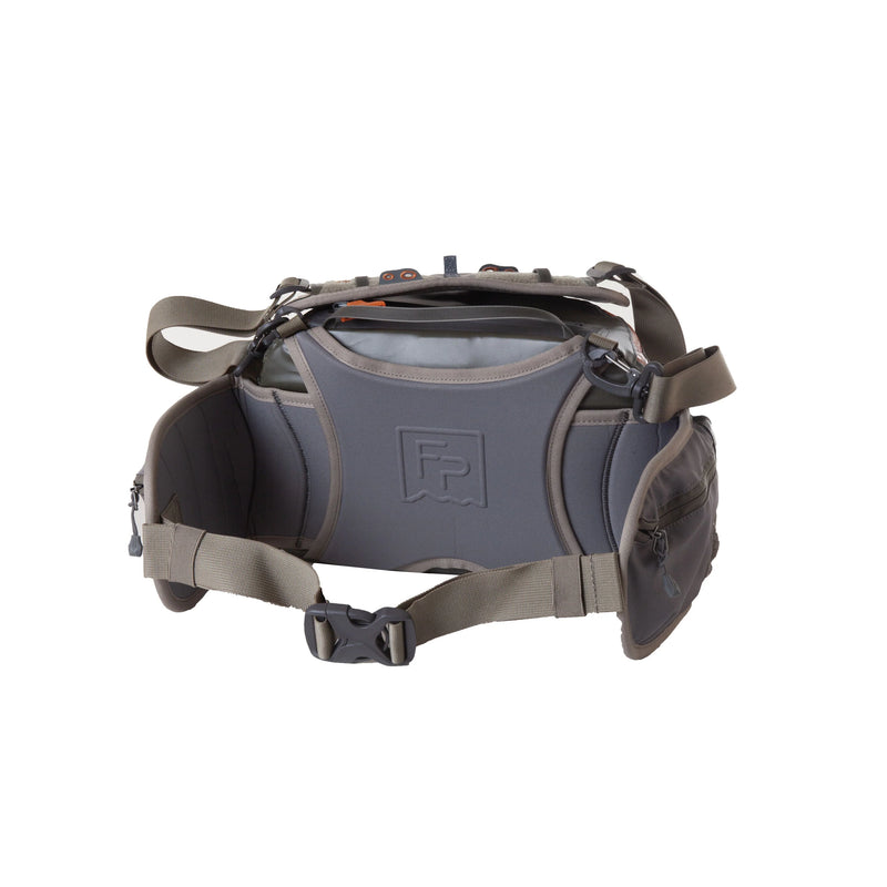 Load image into Gallery viewer, Gray and olive lumbar pack with front logo patch and adjustable shoulder strap
