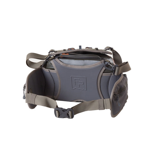 Gray and olive lumbar pack with front logo patch and adjustable shoulder strap
