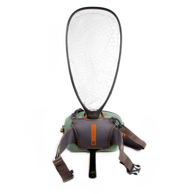 Load image into Gallery viewer, Lumbar submersible pack with clear mesh pocket cover, shoulder straps, and brown harness
