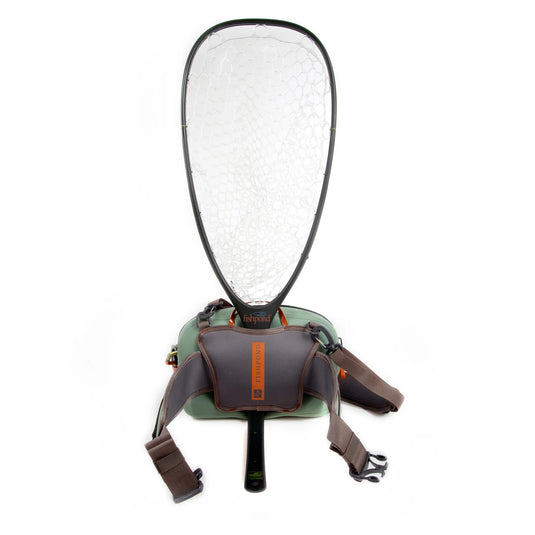 Lumbar submersible pack with clear mesh pocket cover, shoulder straps, and brown harness