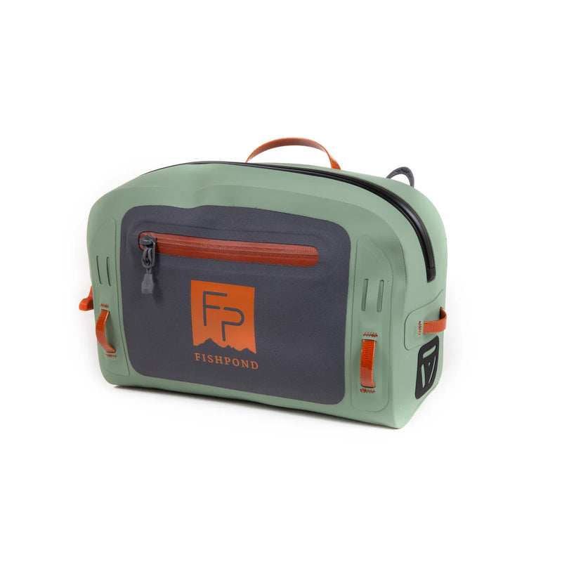 Load image into Gallery viewer, Olive green submersible lumbar pack with front flap, orange logo, and zipper pocket
