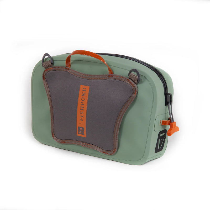 Load image into Gallery viewer, Olive green lumbar pack with front accessory pocket, brown trim, and orange carry handle
