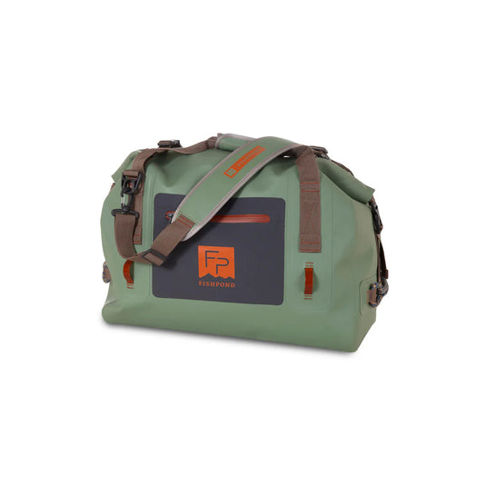 Eco Yucca roll-top duffel bag with front pocket, brown straps, and side handles