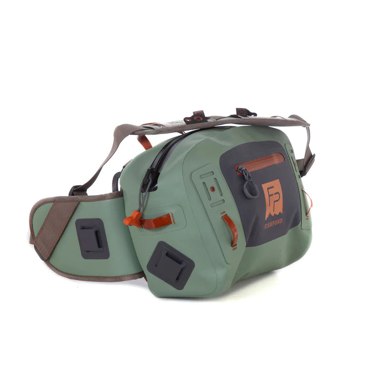 Load image into Gallery viewer, Green submersible lumbar pack with front logo patch, molded panels, and side straps.

