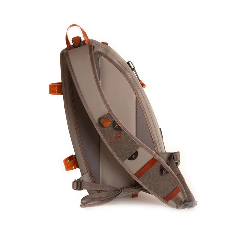 Load image into Gallery viewer, Submersible sling bag in taupe with gray backing panel and orange adjustment tabs
