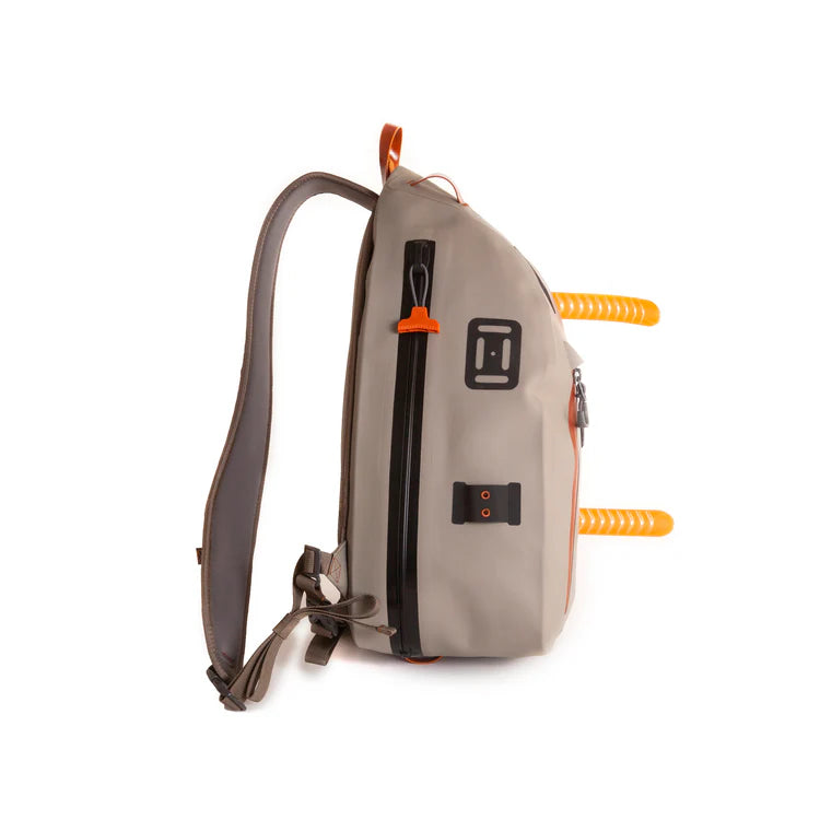 Load image into Gallery viewer, Submersible sling bag in light gray with black front pocket and orange pull straps
