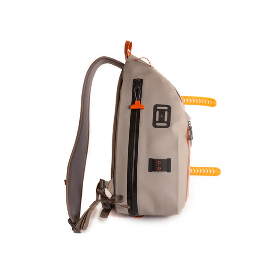 Submersible sling bag in light gray with black front pocket and orange pull straps