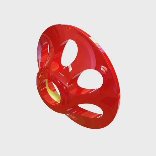 Metallic red ultra sonic disk with three cutout holes and curved rim