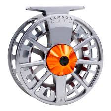 Lamson fishing reel with silver spokes and orange center knob