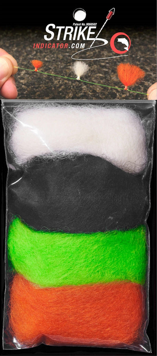 Loose wool indicator pack with white, black, neon green, and orange wool in a clear bag