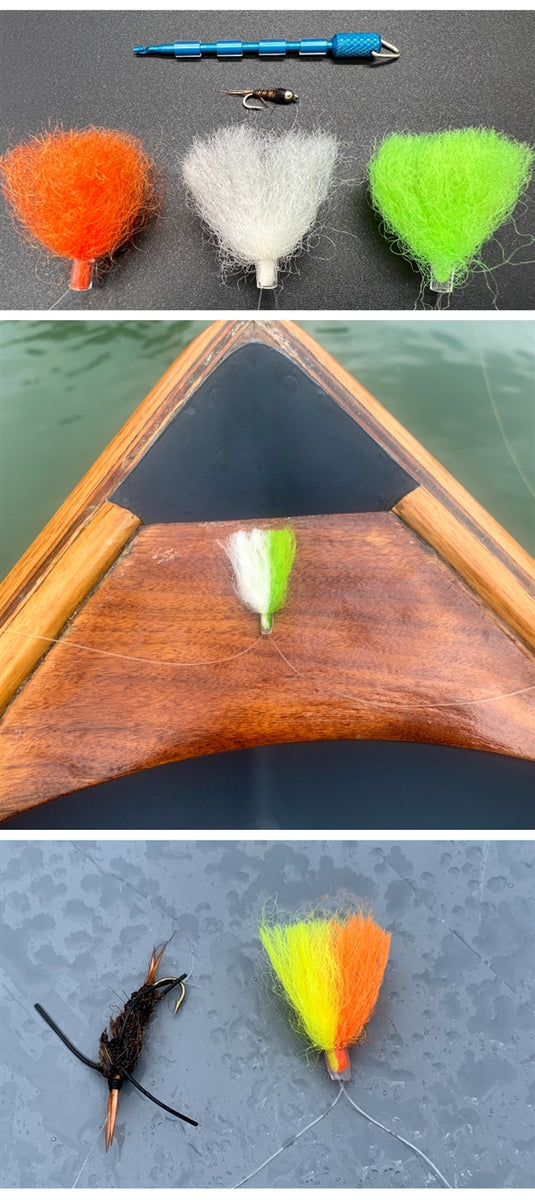 Wool yarn indicators in orange, white, and green, shown with a fishing tool and in use