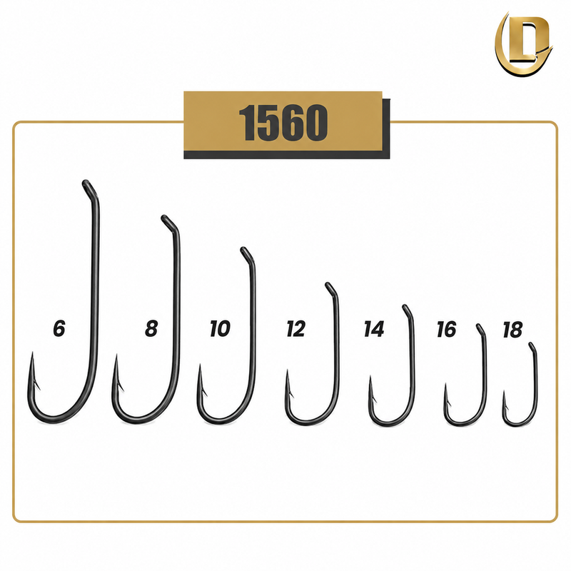 Load image into Gallery viewer, Daiichi 1560 nymph hook sizes 6–18 on display card, multiple curved barbed hooks
