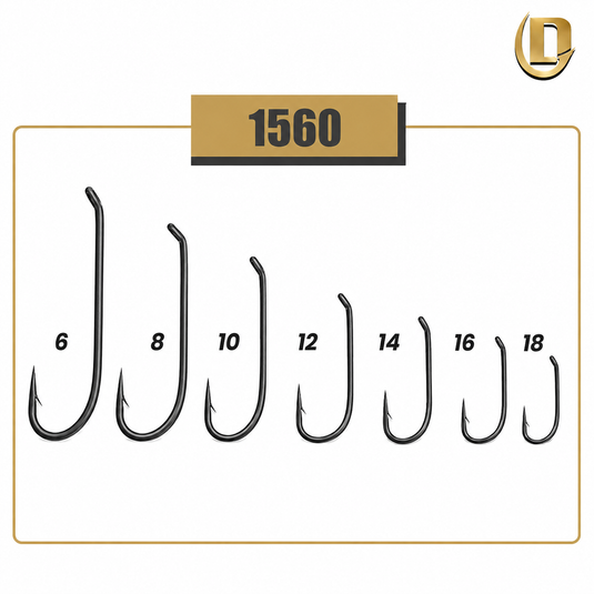 Daiichi 1560 nymph hook sizes 6–18 on display card, multiple curved barbed hooks