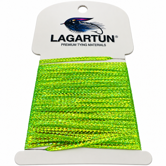 Bright green flat braid tying material on a card