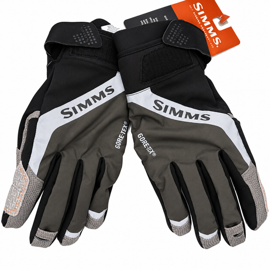 Simms G4 gloves, black and gray with SIMMS logo and textured knuckle padding