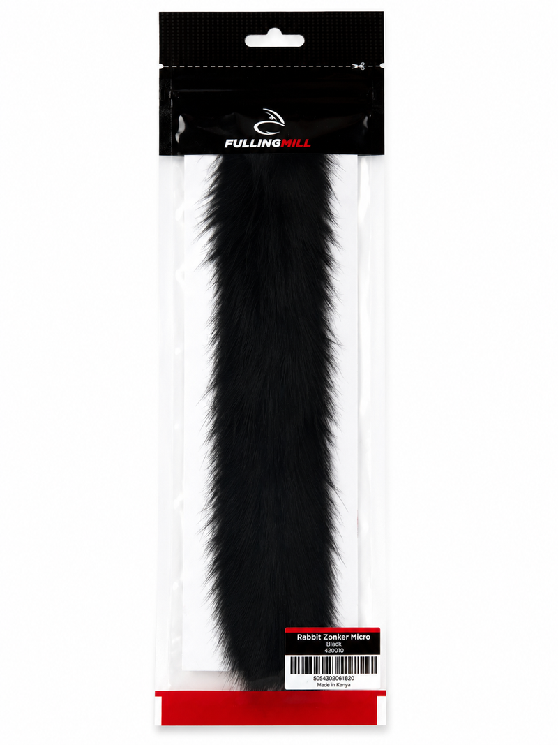 Load image into Gallery viewer, Micro rabbit zonker fur strip in black, sealed in a hanging pouch
