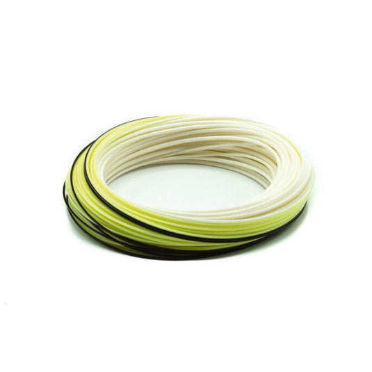 Coiled fly fishing line in white with lime-green edges and dark core