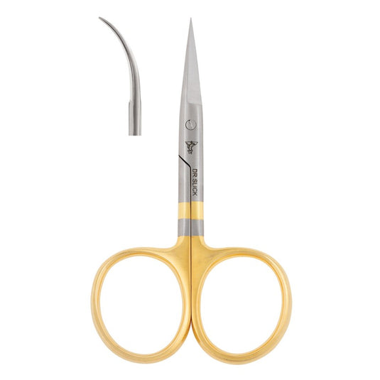 Dr. Slick curved all-purpose scissors with gold handles and pointed metal blades