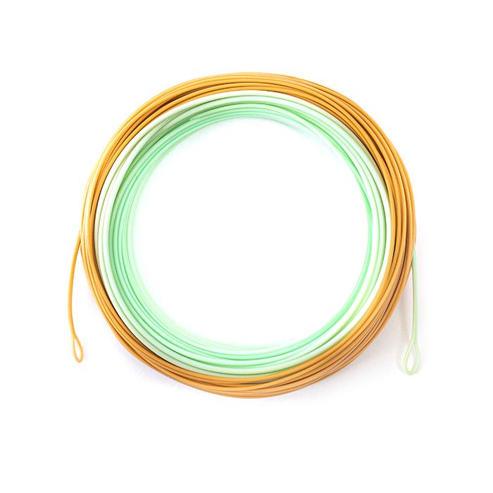Load image into Gallery viewer, Coiled floating fly line with orange outer tubing and green inner core
