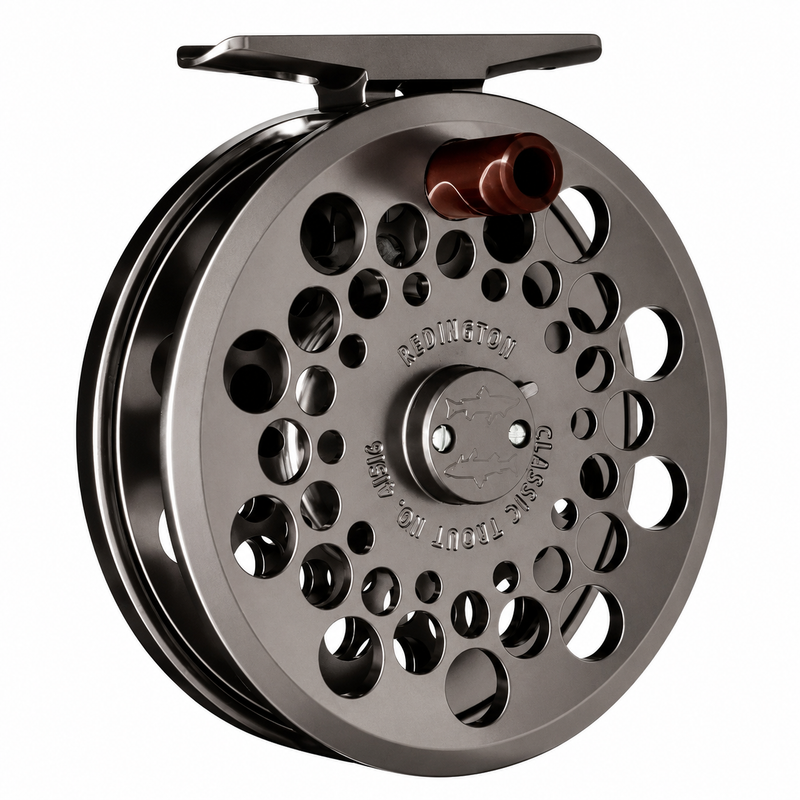 Load image into Gallery viewer, Silver/gray fishing reel with perforated spool and dark handle knob, side view
