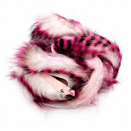 Rabbit fur strip, pink and black tiger pattern with white loops