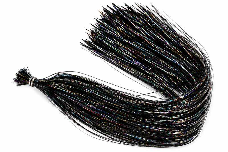 Load image into Gallery viewer, Black holographic tinsel braid with metallic strands and tie
