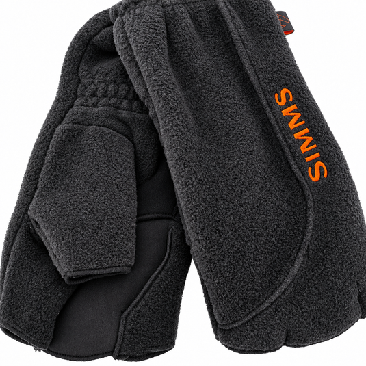 Simms Headwater no-finger fleece gloves in dark gray, orange SIMMS logo