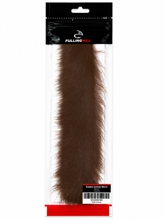 Micro rabbit zonker fur strip in dark brown, sealed in a hanging pouch